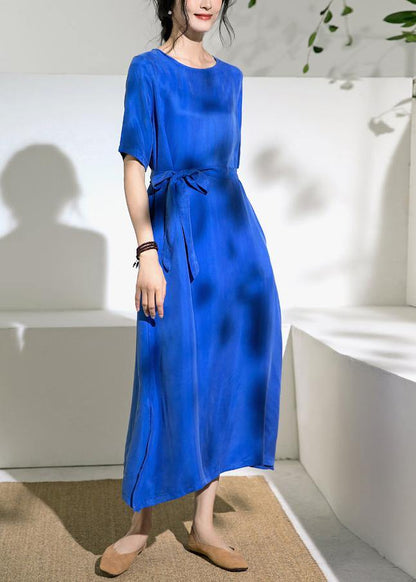 Women blue cotton tunics for women o neck tie waist A Line summer Dress - SooLinen