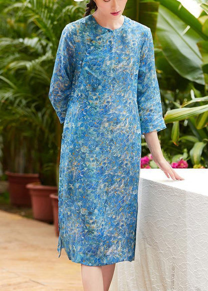 Women blue print linen Shirts o neck side open short summer Dresses - SooLinen