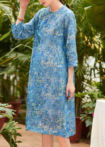 Women blue print linen Shirts o neck side open short summer Dresses - SooLinen