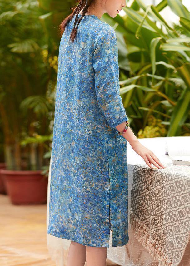 Women blue print linen Shirts o neck side open short summer Dresses - SooLinen