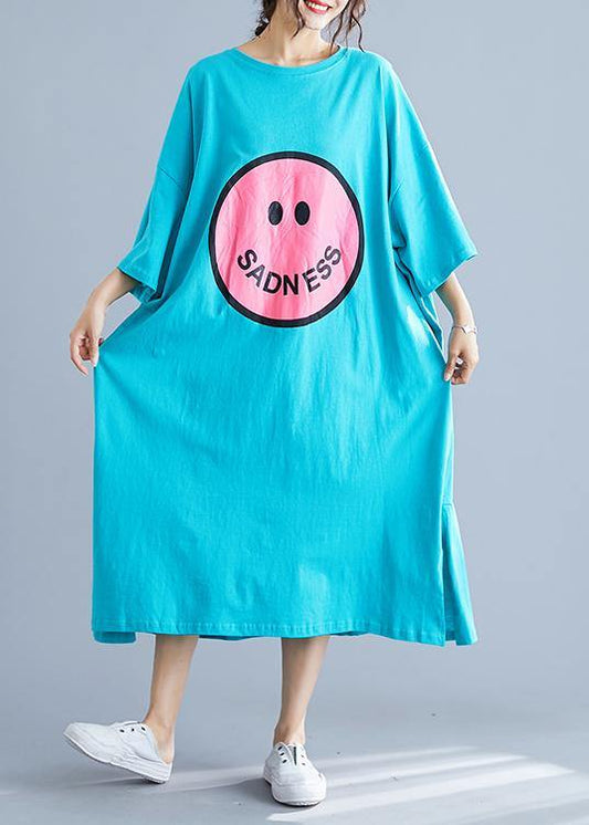 Women blue prints cotton dresses side open cotton summer Dresses - SooLinen