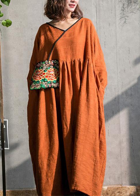 Women brown cotton linen quilting dresses o neck embroidery spring Dresses - SooLinen