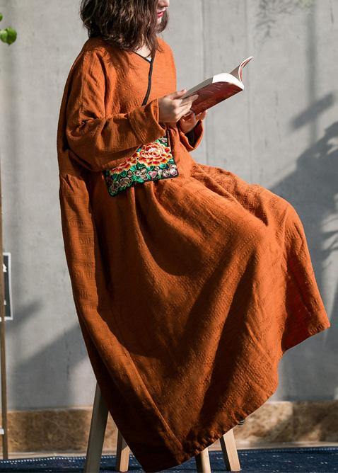 Women brown cotton linen quilting dresses o neck embroidery spring Dresses - SooLinen