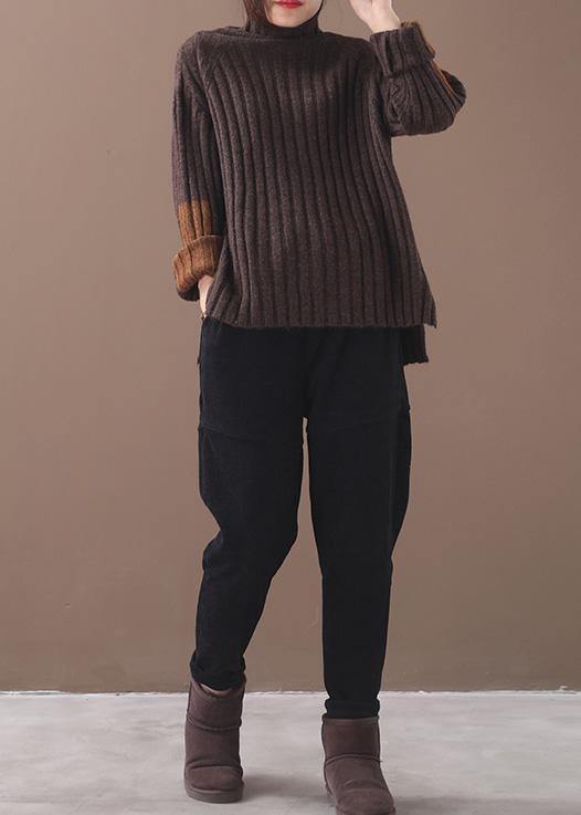 Women brown knit tops patchwork sleeve casual high neck sweaters - SooLinen