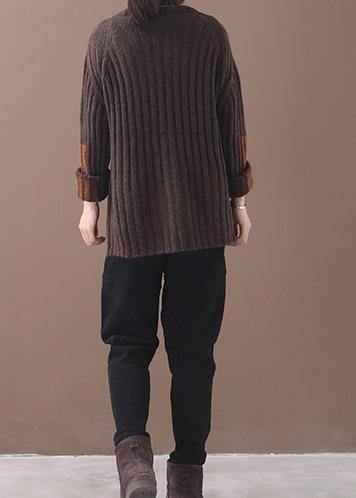 Women brown knit tops patchwork sleeve casual high neck sweaters - SooLinen