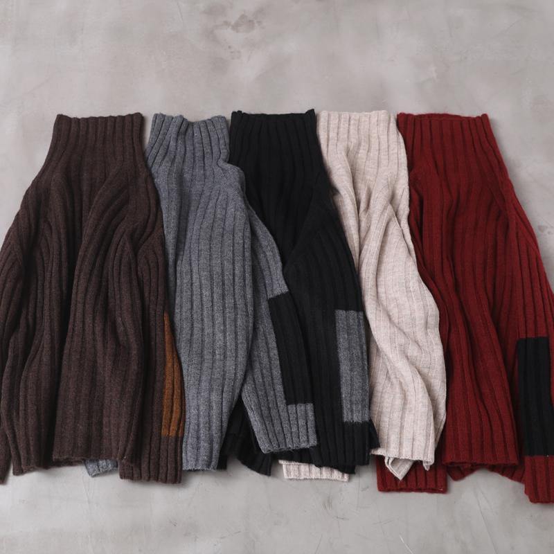 Women brown knit tops patchwork sleeve casual high neck sweaters - SooLinen
