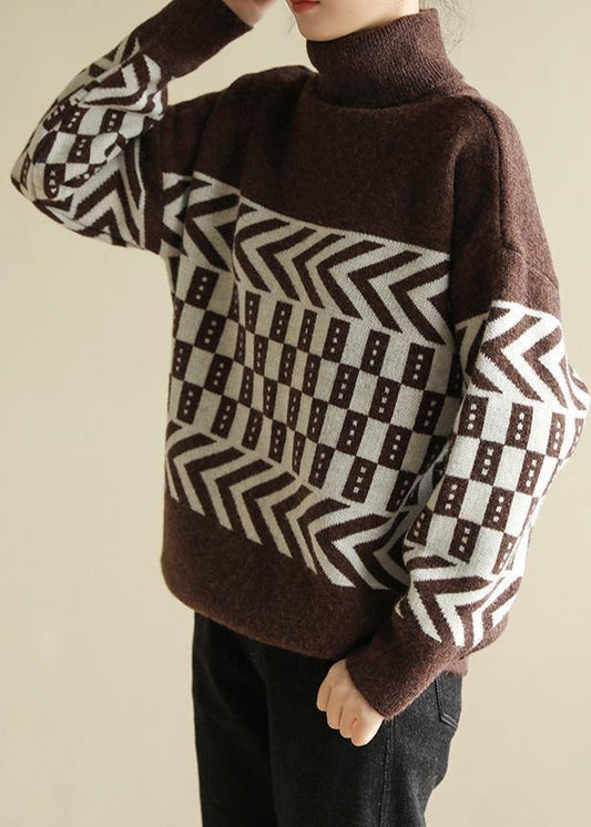 Women chocolate knitted pullover patchwork Loose fitting high neck sweaters - SooLinen