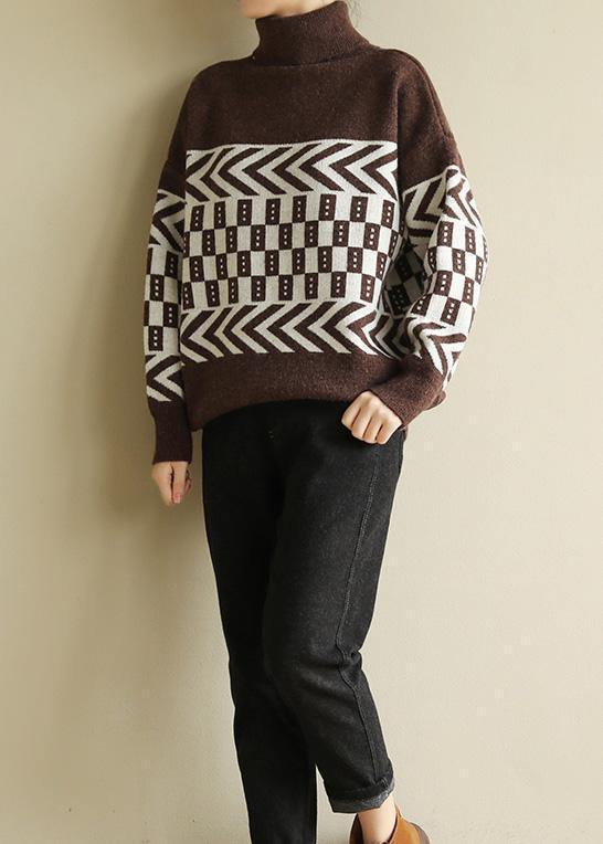 Women chocolate knitted pullover patchwork Loose fitting high neck sweaters - SooLinen