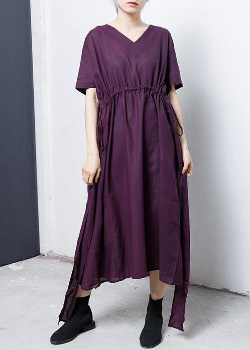 Women cotton Tunics Fine Lacing And Drawstring Solid Color Dress - SooLinen
