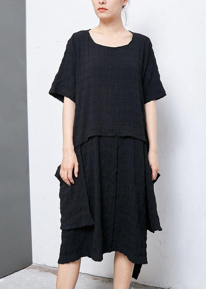 Women cotton clothes Organic Irregular Casual Round Neck Cotton Solid Dress - SooLinen