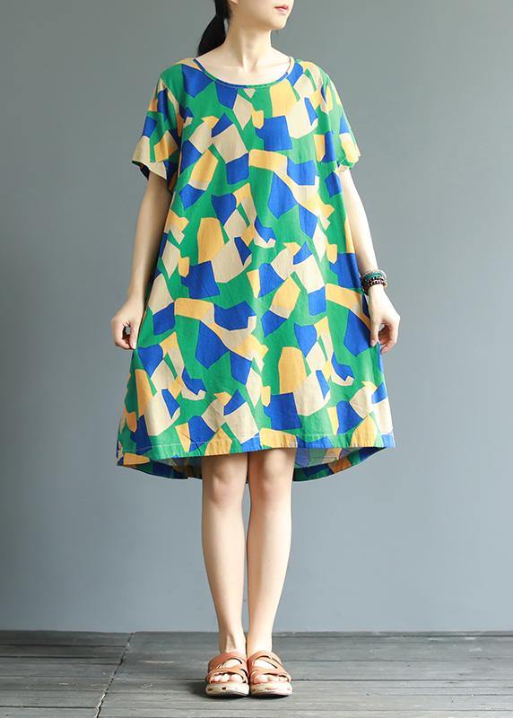 Women cotton tunic top Fun Short Sleeve Fashion Printed A-Line Dress - SooLinen