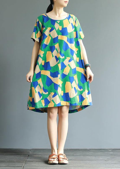 Women cotton tunic top Fun Short Sleeve Fashion Printed A-Line Dress - SooLinen