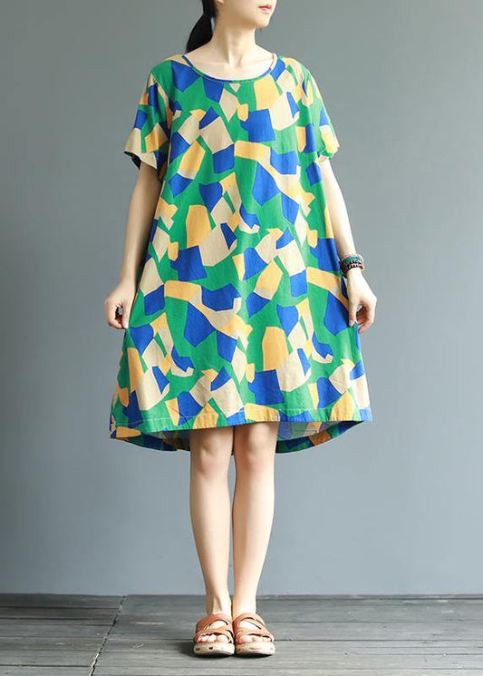 Women cotton tunic top Fun Short Sleeve Fashion Printed A-Line Dress - SooLinen