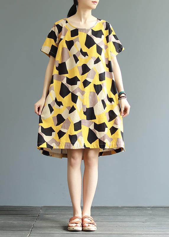 Women cotton tunic top Fun Short Sleeve Fashion Printed A-Line Dress - SooLinen