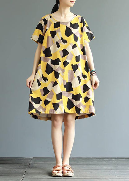 Women cotton tunic top Fun Short Sleeve Fashion Printed A-Line Dress - SooLinen