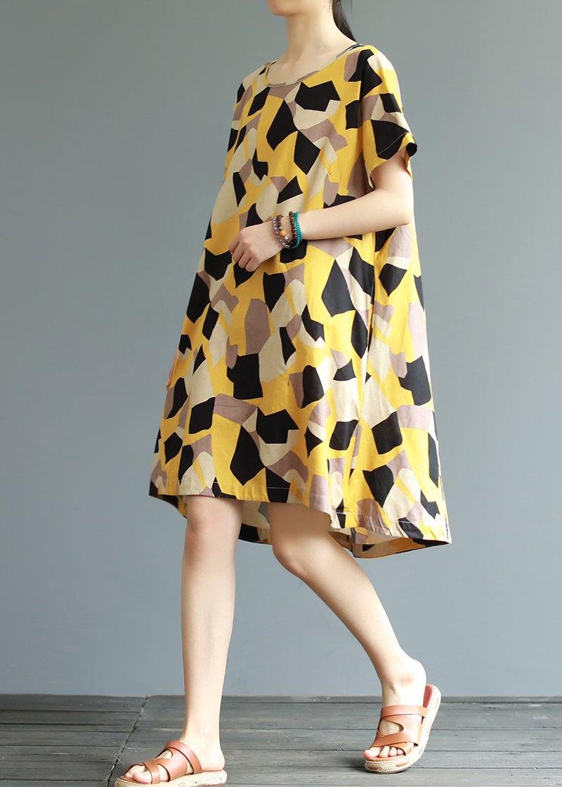 Women cotton tunic top Fun Short Sleeve Fashion Printed A-Line Dress - SooLinen