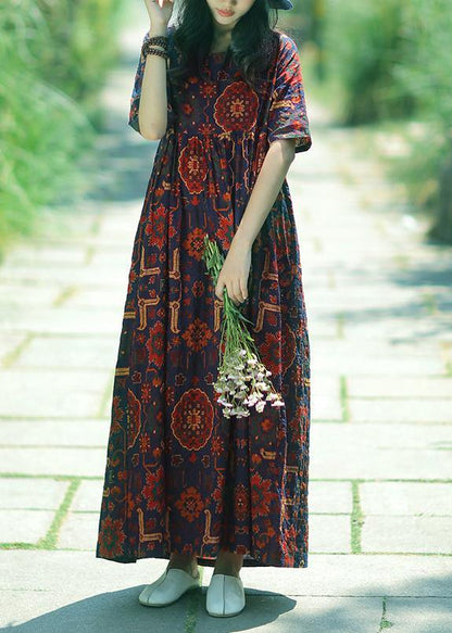 Women dark blue print linen Soft Surroundings o neck Cinched summer Dress - SooLinen