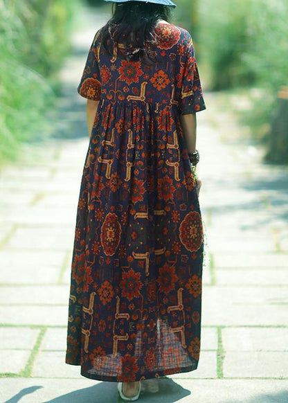 Women dark blue print linen Soft Surroundings o neck Cinched summer Dress - SooLinen