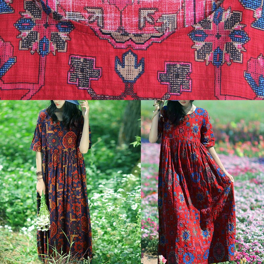 Women dark blue print linen Soft Surroundings o neck Cinched summer Dress - SooLinen