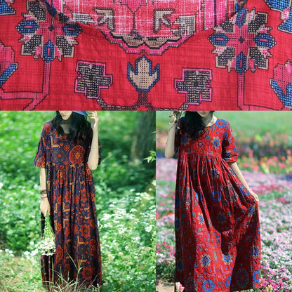 Women dark blue print linen Soft Surroundings o neck Cinched summer Dress - SooLinen