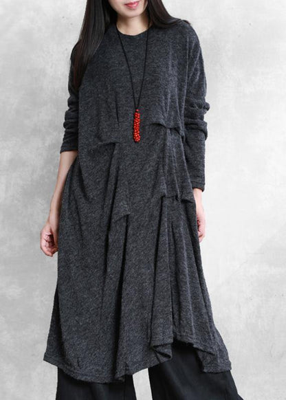 Women dark gray Cotton tunic dresses metric Cinched Art Dress - SooLinen