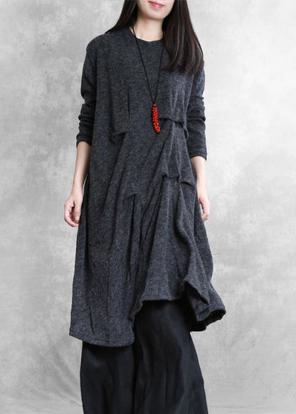 Women dark gray Cotton tunic dresses metric Cinched Art Dress - SooLinen