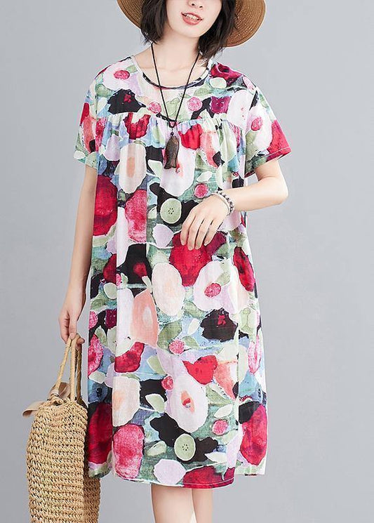 Women floral Cotton Wardrobes o neck Cinched tunic summer Dress - SooLinen