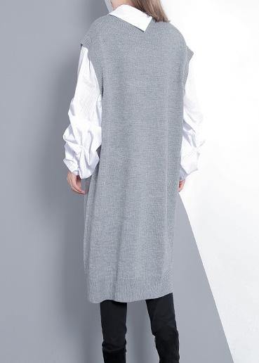 Women gray Sweater dress outfit Design Funny v neck knitted tops - SooLinen