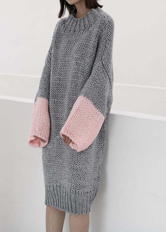 Women gray Sweater knit top pattern Upcycle o neck Batwing Sleeve knit dress - SooLinen