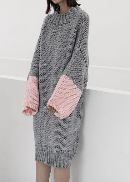Women gray Sweater knit top pattern Upcycle o neck Batwing Sleeve knit dress - SooLinen