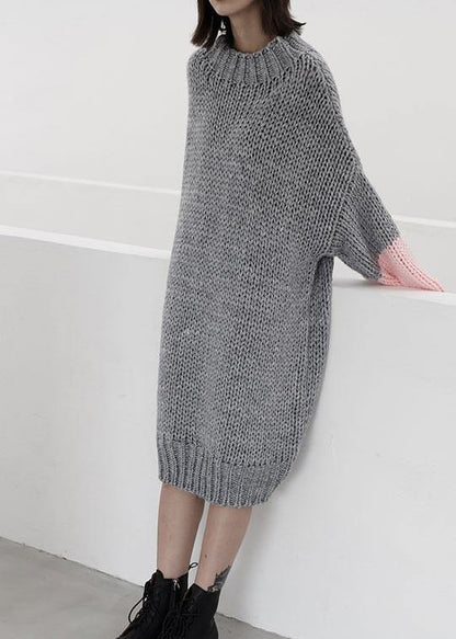 Women gray Sweater knit top pattern Upcycle o neck Batwing Sleeve knit dress - SooLinen
