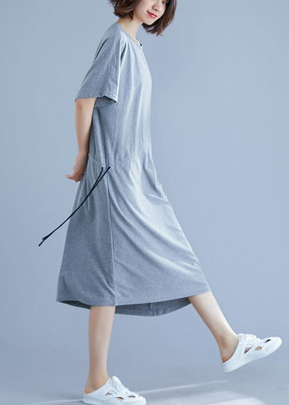 Women gray asymmetric hem cotton box dress Gifts drawstring waist summer dresses - SooLinen