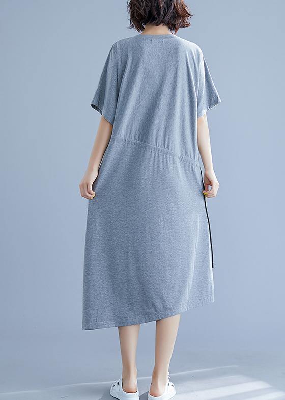 Women gray asymmetric hem cotton box dress Gifts drawstring waist summer dresses - SooLinen