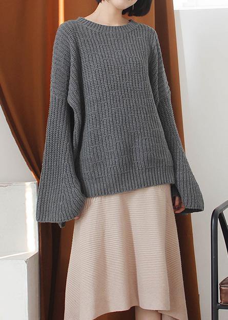 Women gray knitted top o neck flare sleeve plus size clothing knit sweat tops - SooLinen
