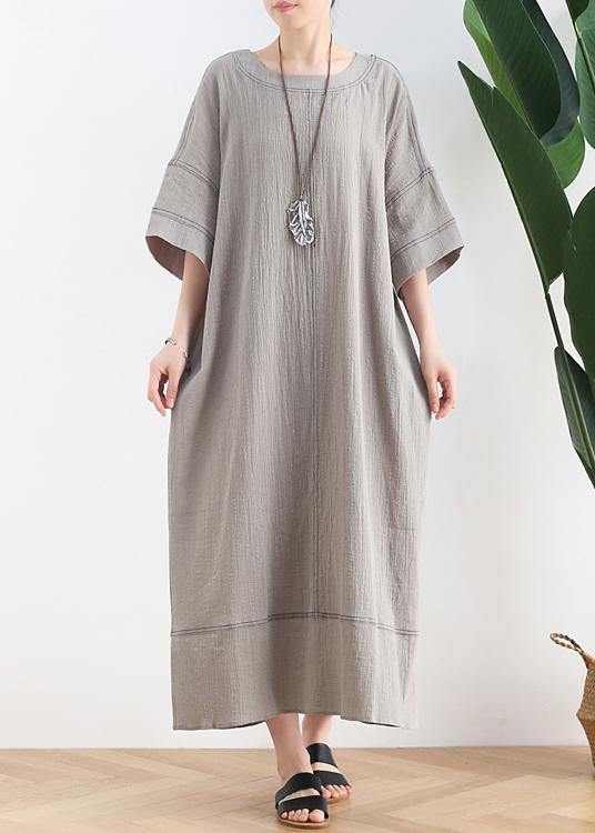 Women gray linen clothes o neck baggy Dresses summer Dresses - SooLinen