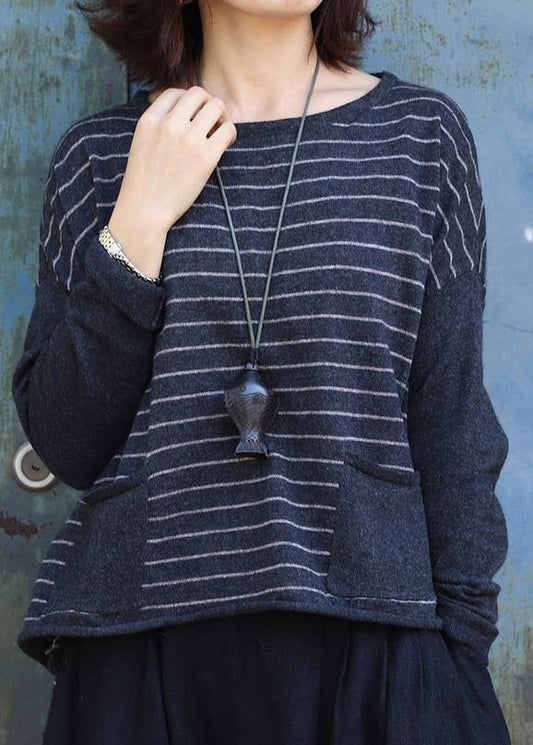 Women gray striped clothes For Women low high design trendy plus size o neck knit sweat tops - SooLinen