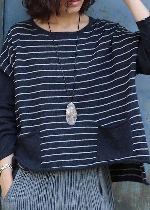 Women gray striped clothes For Women low high design trendy plus size o neck knit sweat tops - SooLinen