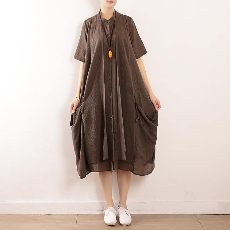 Women gray striped cotton Soft Surroundings stand collar pockets Plus Size Clothing v neck Dress - SooLinen