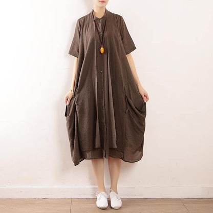 Women gray striped cotton Soft Surroundings stand collar pockets Plus Size Clothing v neck Dress - SooLinen