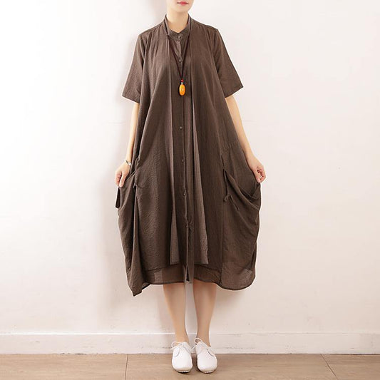 Women gray striped cotton Soft Surroundings stand collar pockets Plus Size Clothing v neck Dress - SooLinen