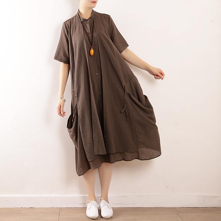 Women gray striped cotton Soft Surroundings stand collar pockets Plus Size Clothing v neck Dress - SooLinen