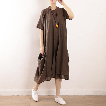 Women gray striped cotton Soft Surroundings stand collar pockets Plus Size Clothing v neck Dress - SooLinen