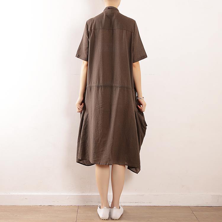 Women gray striped cotton Soft Surroundings stand collar pockets Plus Size Clothing v neck Dress - SooLinen