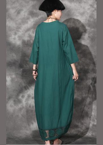 Women green bracelet sleeved cotton clothes Women v neck Dresses summer Dresses - SooLinen