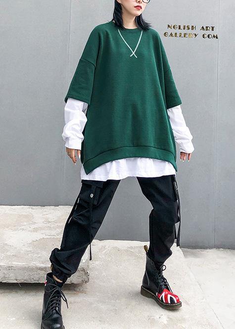 Women green cotton clothes false two pieces Dresses o neck top - SooLinen