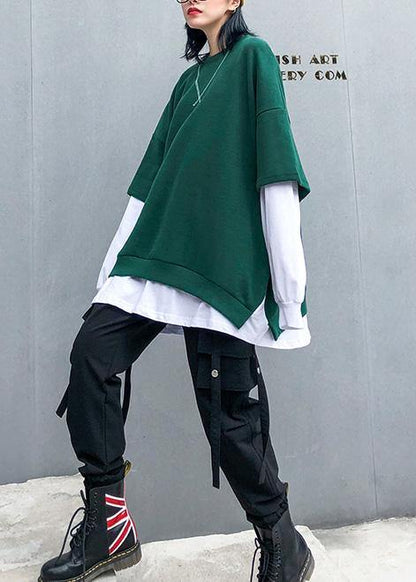 Women green cotton clothes false two pieces Dresses o neck top - SooLinen