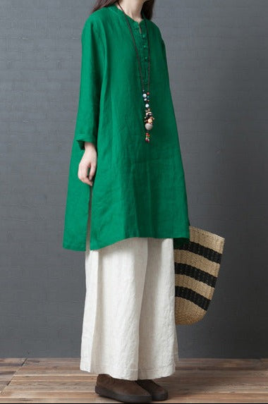 Women Blue Flowers linen outfit Casual Fabrics Chinese Button short side open Dress