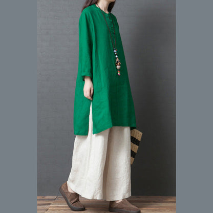Women Green Flowers linen outfit Casual Fabrics Chinese Button short side open Dress