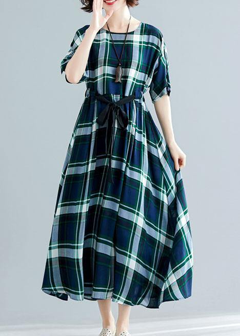 Women green plaid cotton Tunics tie waist cotton robes summer Dress - SooLinen