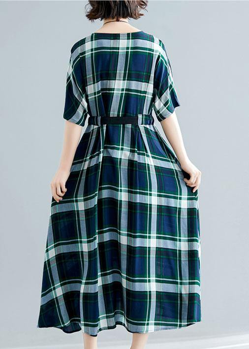Women green plaid cotton Tunics tie waist cotton robes summer Dress - SooLinen